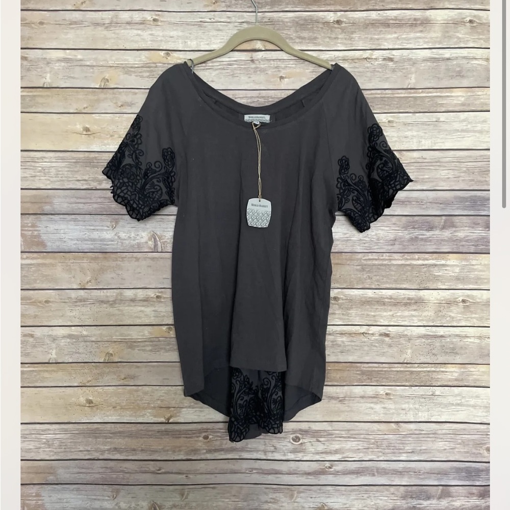 World Market Dark Gray Black Embroidered Short Sleeve Blouse Size small/medium